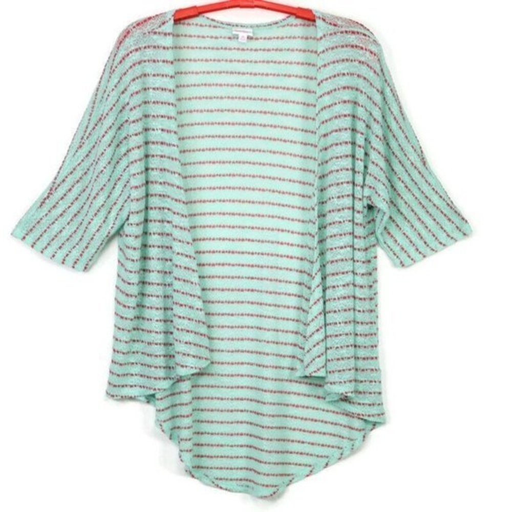 LuLaRoe Lindsay Kimono Cardigan Sweater Shirt Mint Green Red‎ Striped M Medium